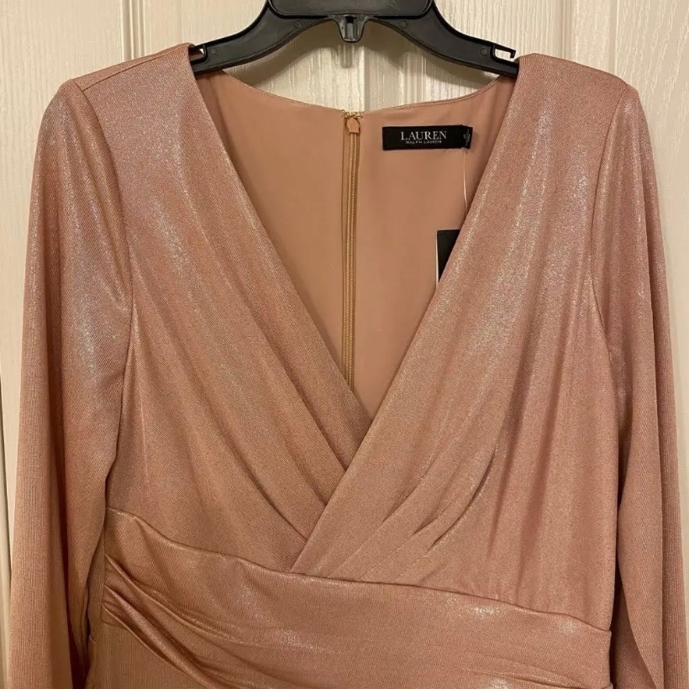 Lauren Ralph Lauren Surplice Neckline Long Sleeve Metallic Dress in Pink - Picture 6 of 7